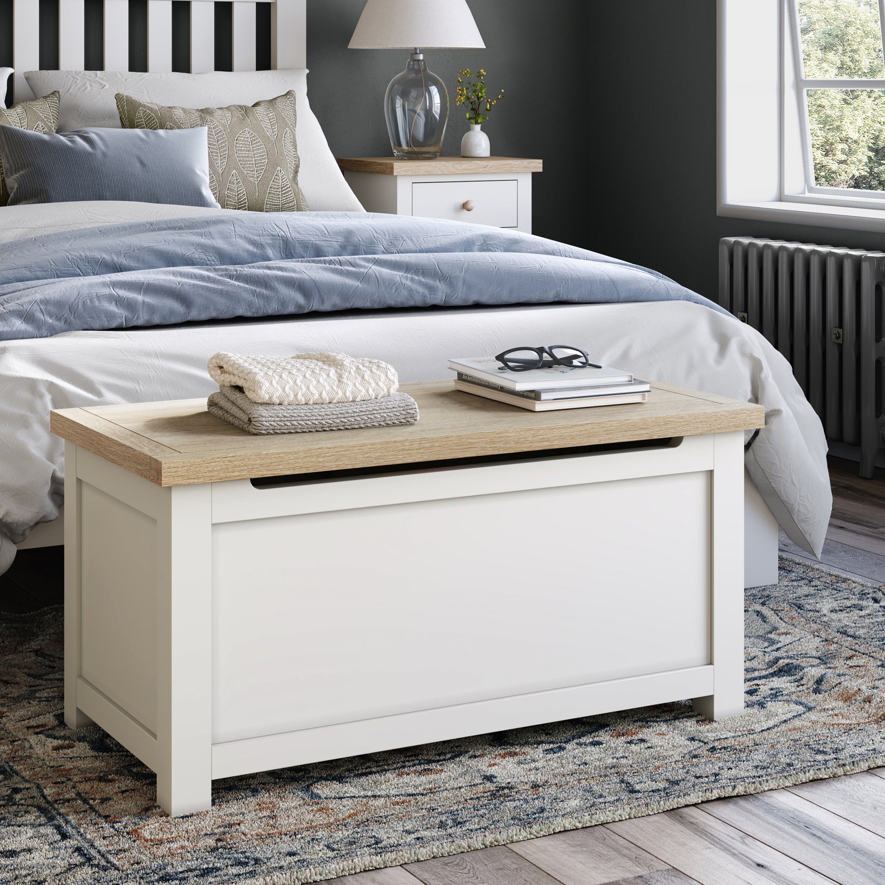 Farrow Coconut White Blanket Box with washed oak top from Roseland Furniture