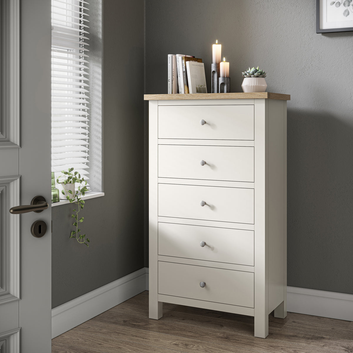 Farrow XL Coconut White 5 Drawer Tallboy Chest with metal handles from Roseland Furniture