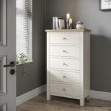 Farrow XL Coconut White 5 Drawer Tallboy Chest with metal handles from Roseland Furniture