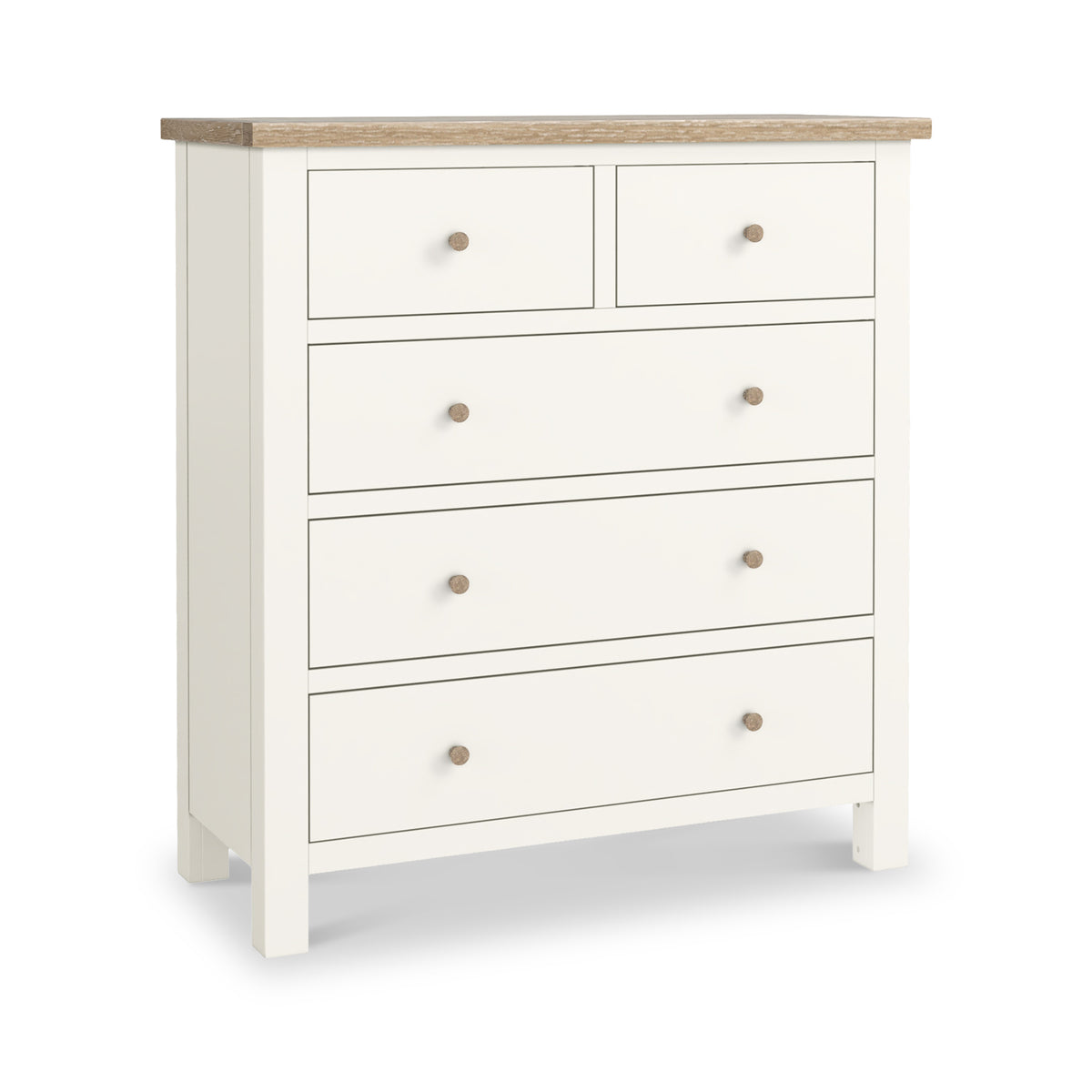 Farrow XL Coconut White with Washed Oak Top and wooden handles 2 Over 3 Chest of Drawers from Roseland Furniture