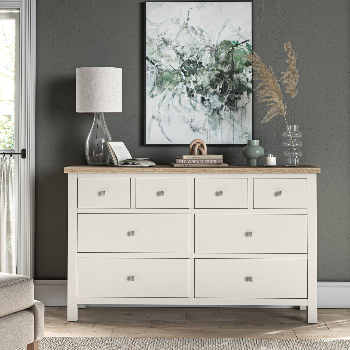 Farrow XL Coconut White 8 Drawer Chest with metal handles from Roseland Furniture