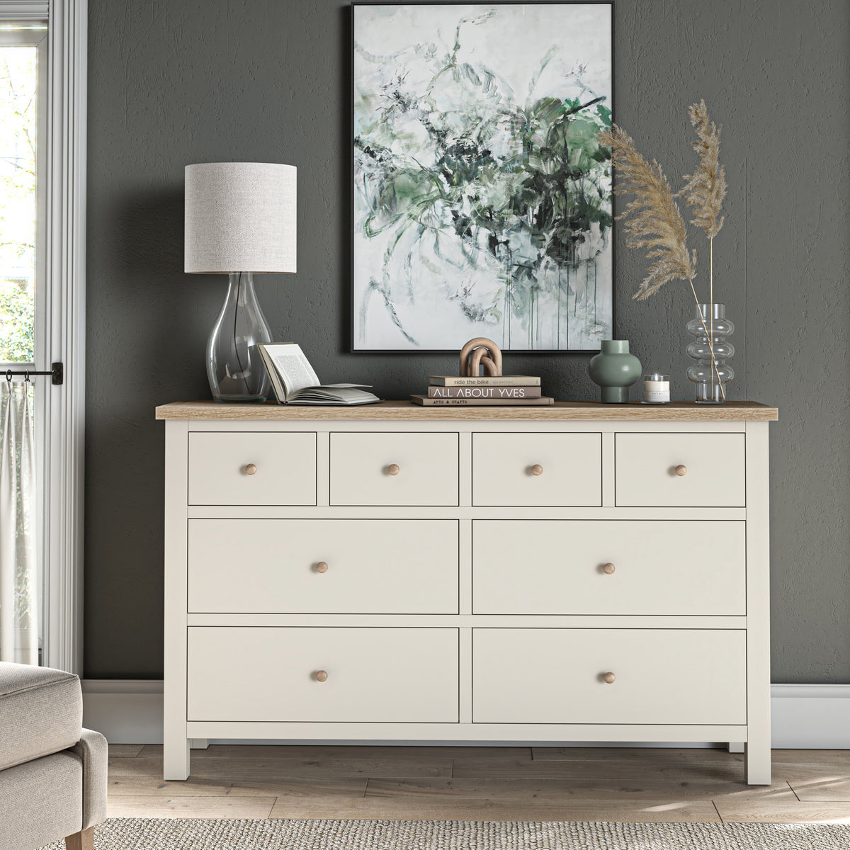 Farrow XL Coconut White 8 Drawer Chest with wooden handles from Roseland Furniture