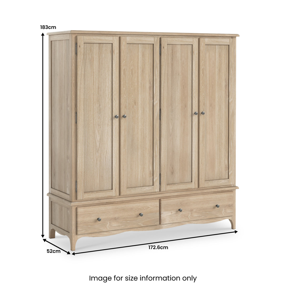 Celine Washed Oak 4 Door Wardrobe dimensions