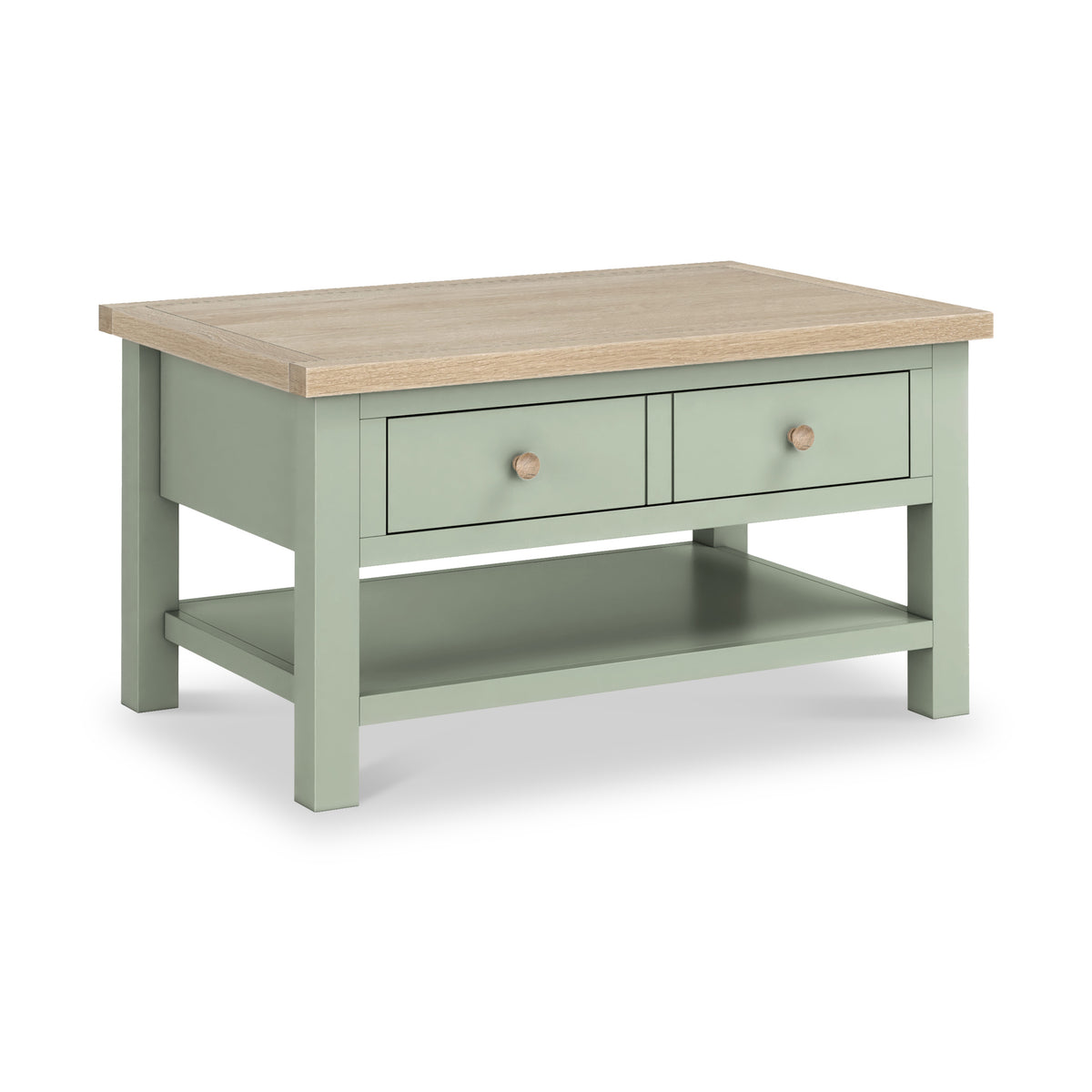 Farrow Sage Green Coffee Table with Washed Oak Top and wooden handles from Roseland Furniture