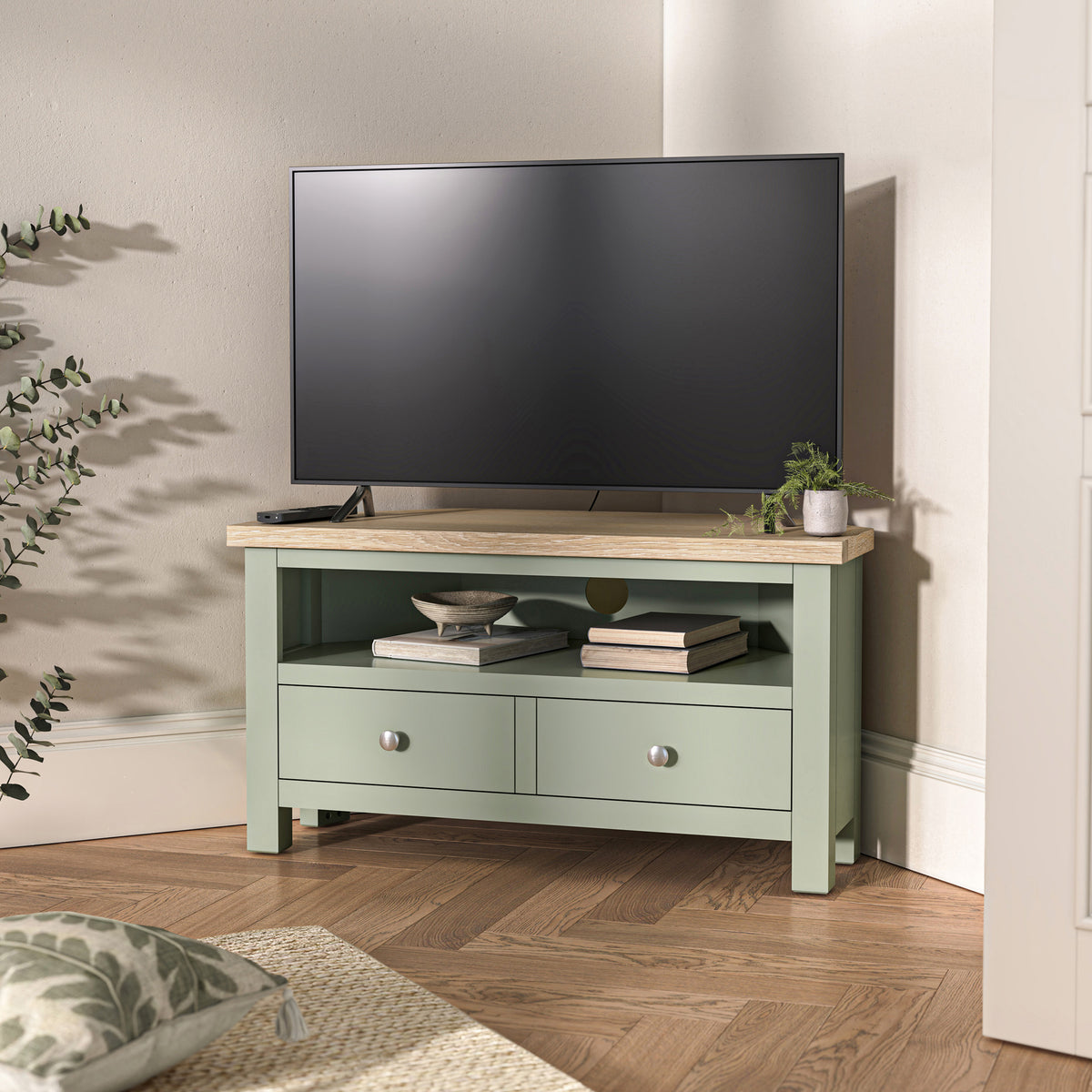 Farrow Corner TV Unit Washed Oak Sage from Roseland Furniture