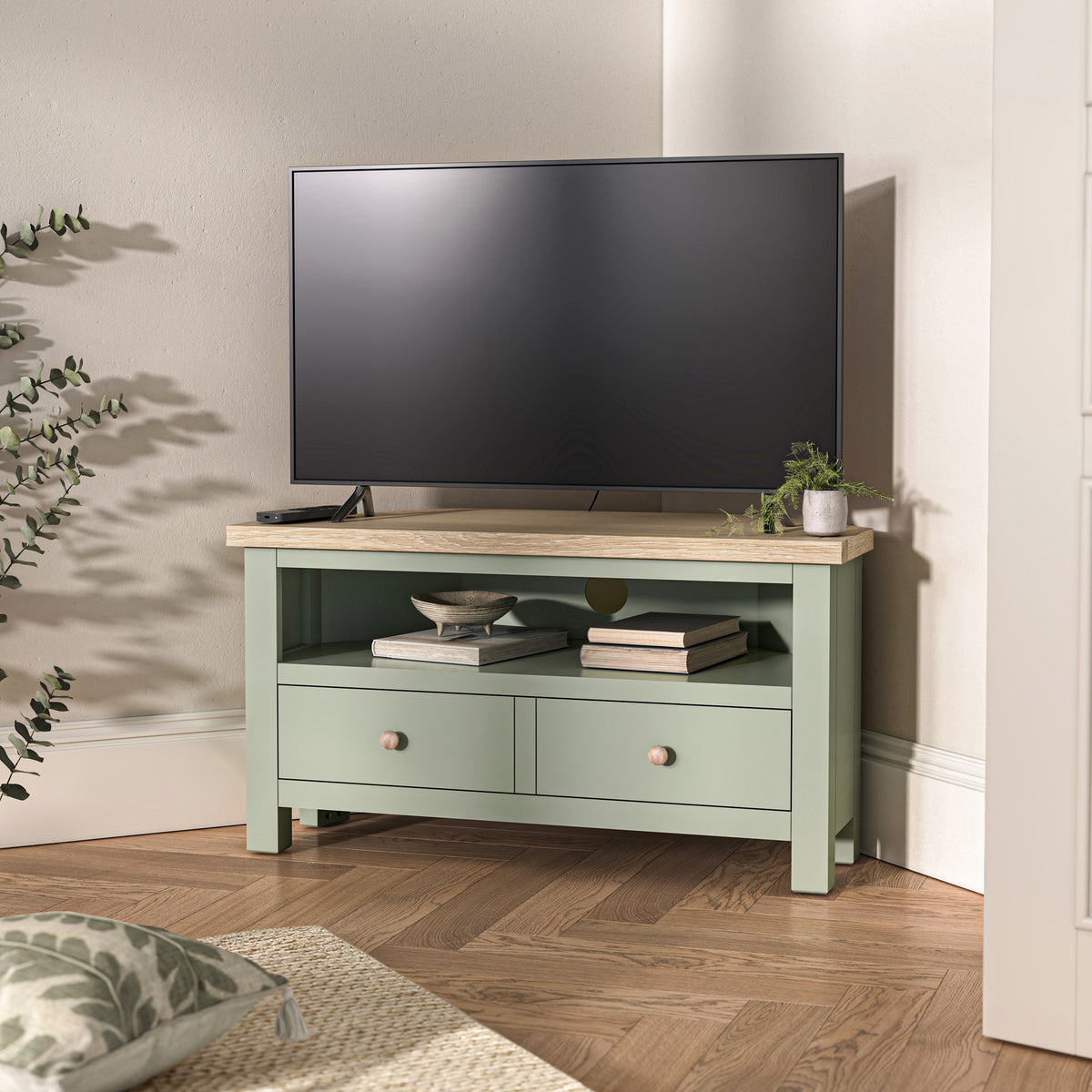 Farrow Corner TV Unit Washed Oak Sage from Roseland Furniture