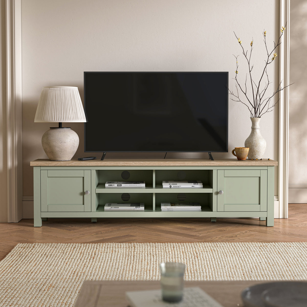 Farrow 180cm Extra Large TV Unit Washed Oak Sage from Roseland Furniture