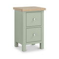 Farrow Sage Slim Bedside Table with Washed Oak Top and metal handles from Roseland Furniture