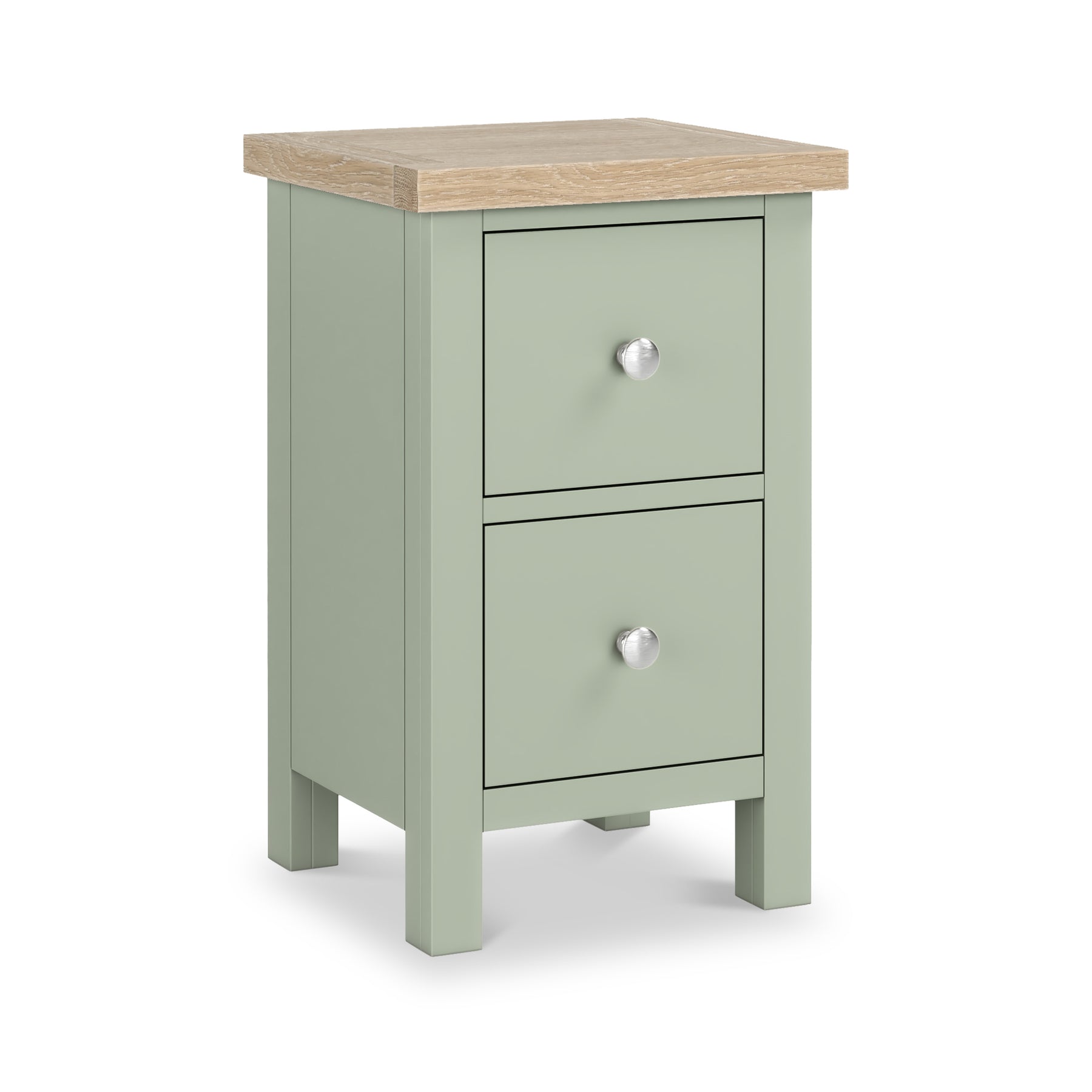 Farrow Sage Slim Bedside Table with Washed Oak Top and metal handles from Roseland Furniture