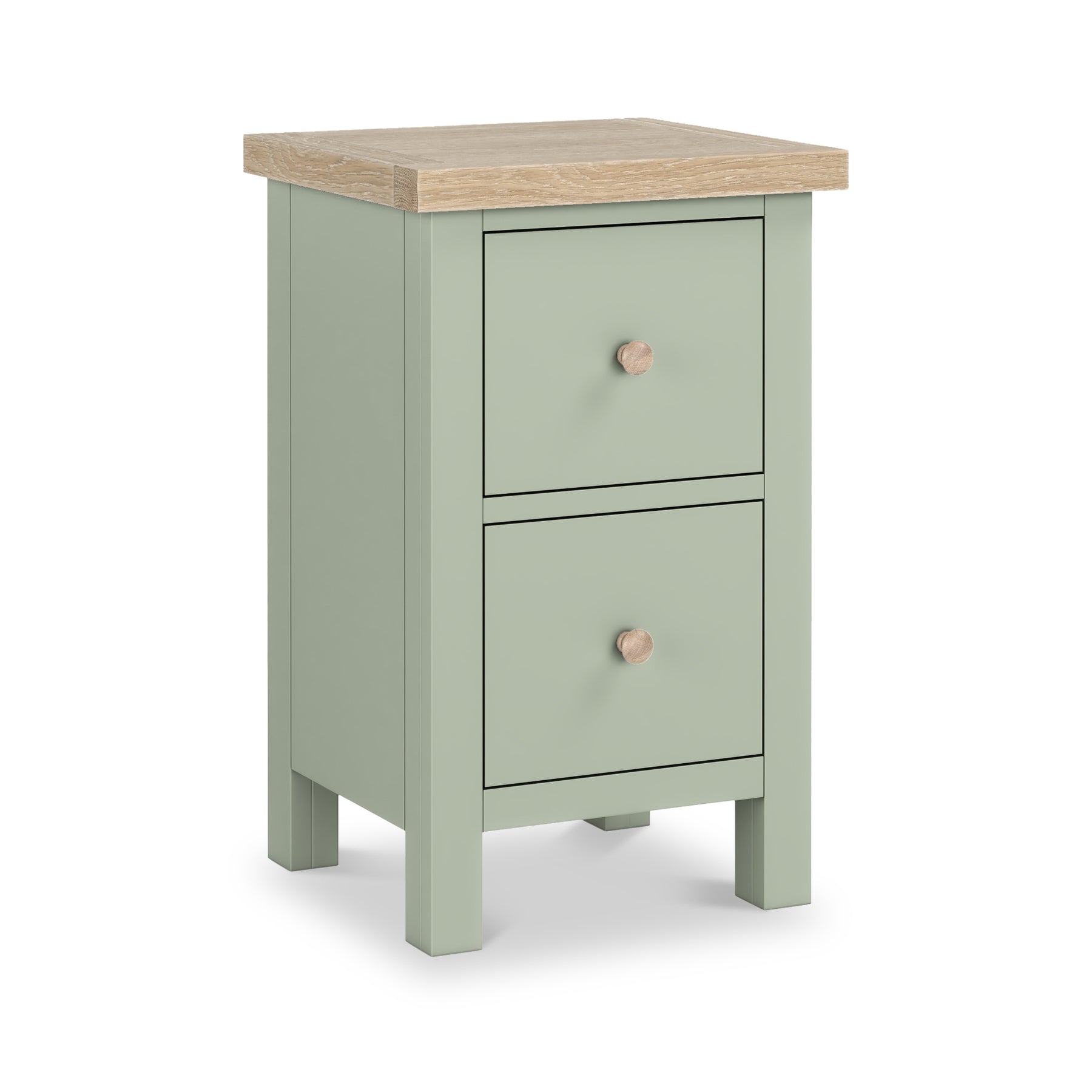 Farrow Sage Slim Bedside Table with Washed Oak Top and wooden handles from Roseland Furniture