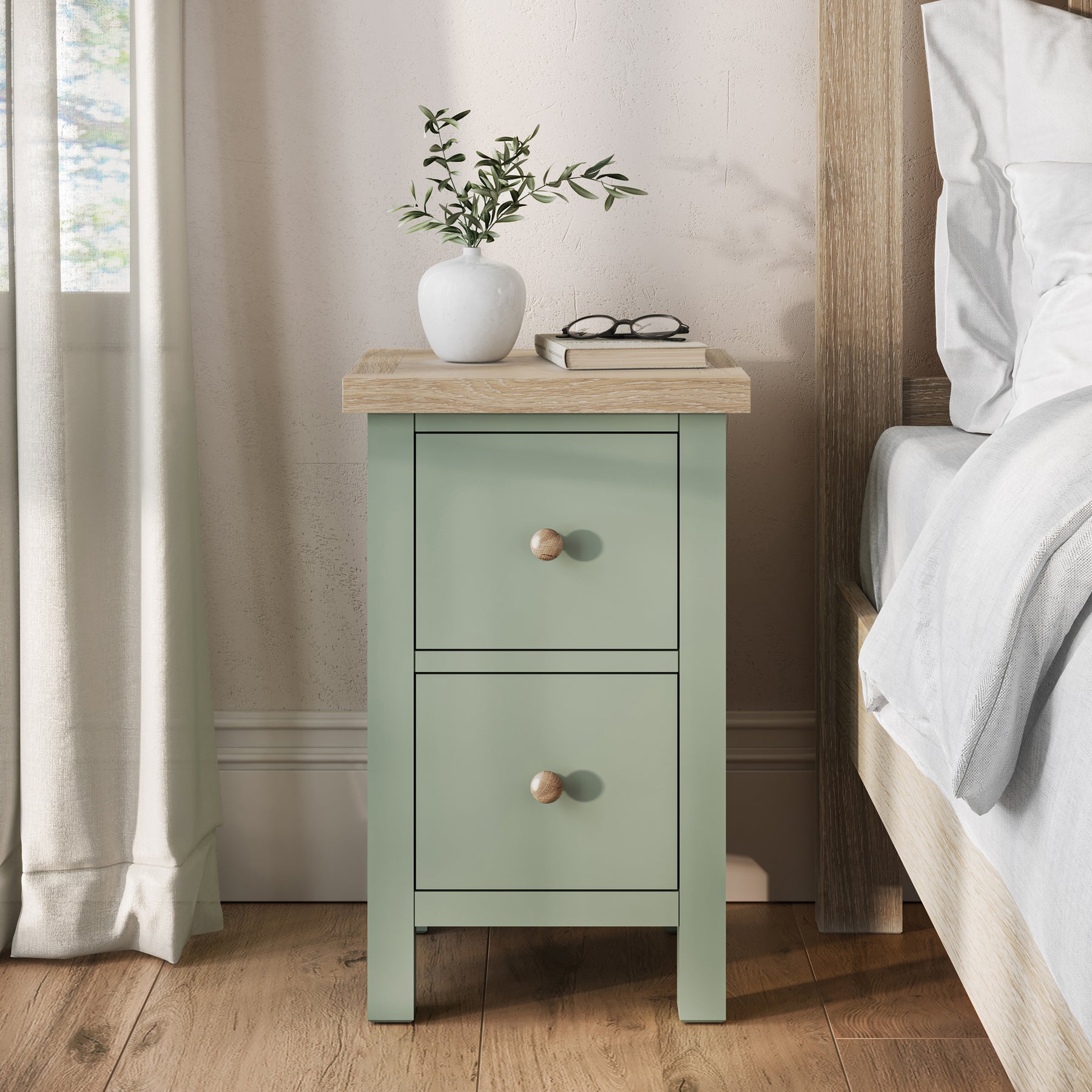 Farrow Slim Bedside Washed Oak Sage from Roseland Furniture