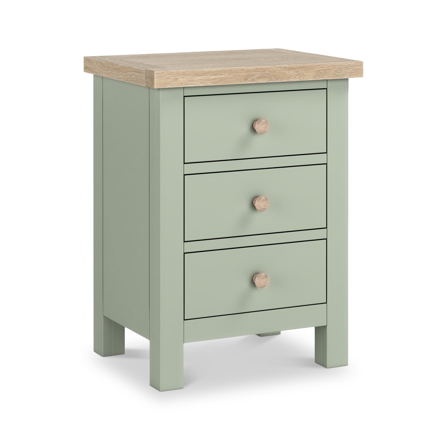 Farrow 3 Drawer Bedside Washed Oak Sage from Roseland Furniture - Angle view with wooden handles