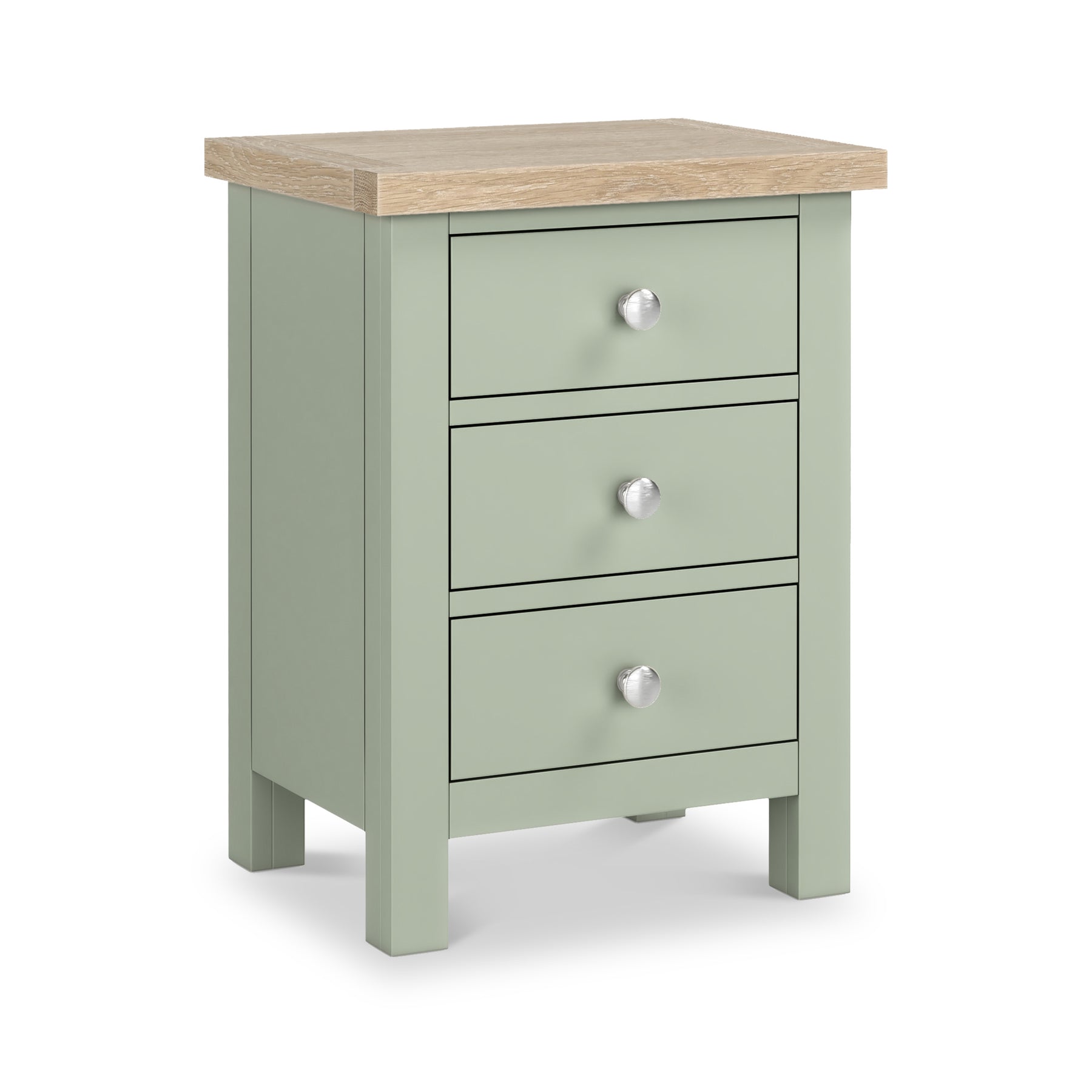 Farrow 3 Drawer Bedside Washed Oak Sage from Roseland Furniture - angle view silver handles