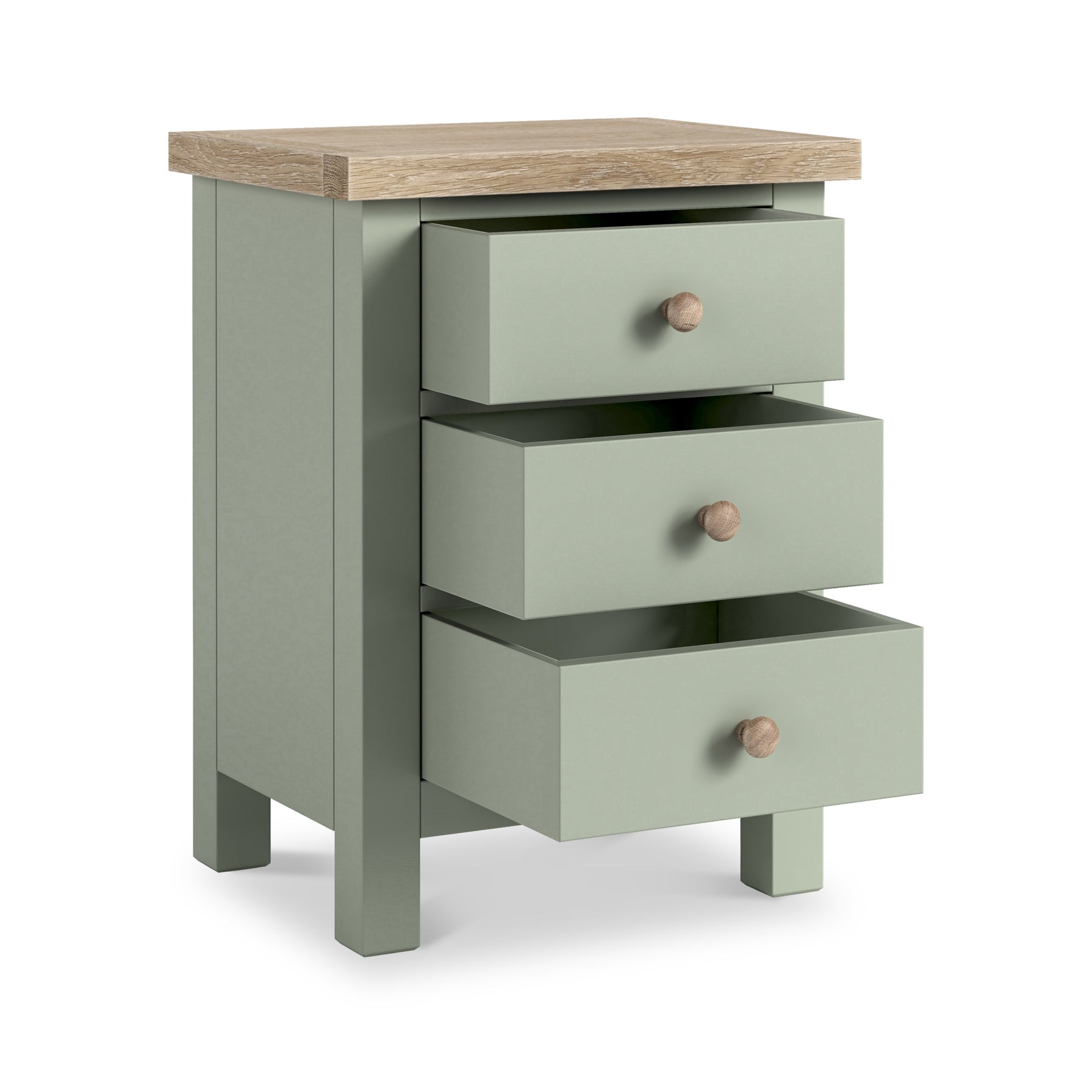 Farrow 3 Drawer Bedside Washed Oak Sage from Roseland Furniture - drawers open and wooden handles
