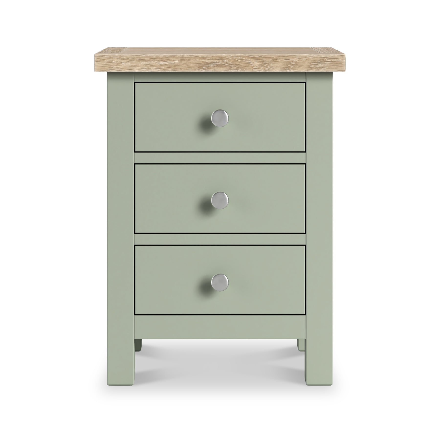 Farrow 3 Drawer Bedside Washed Oak Sage from Roseland Furniture - front view with silver handles