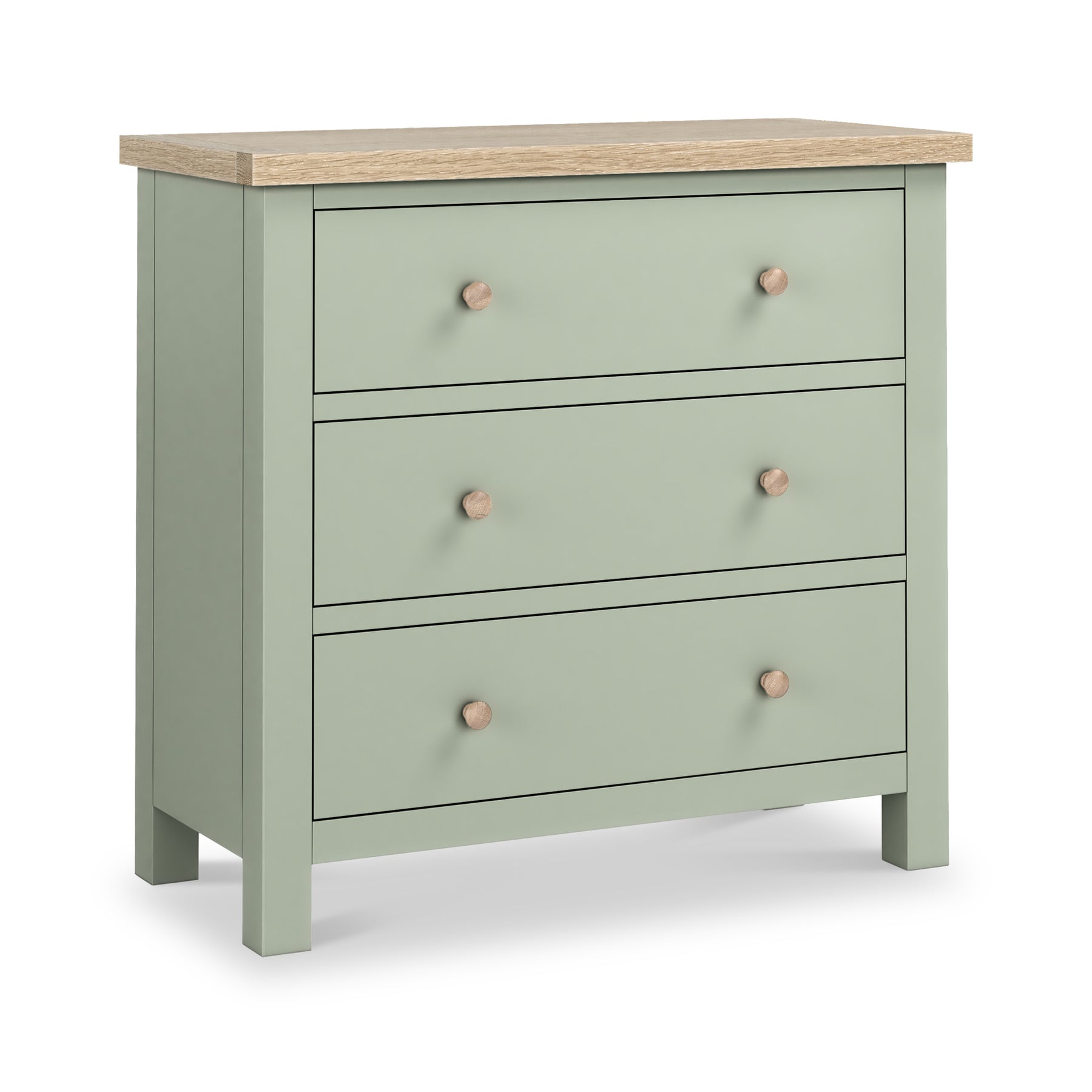Farrow Sage 3 Drawer Chest with Washed Oak Top and wooden handles from Roseland Furniture
