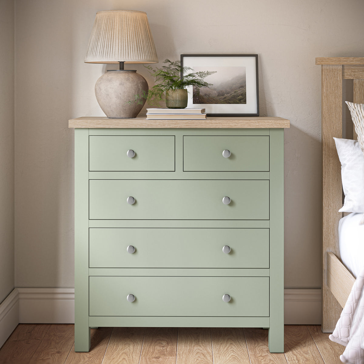Farrow 2 Over 3 Drawer Chest Washed Oak Sage from Roseland Furniture