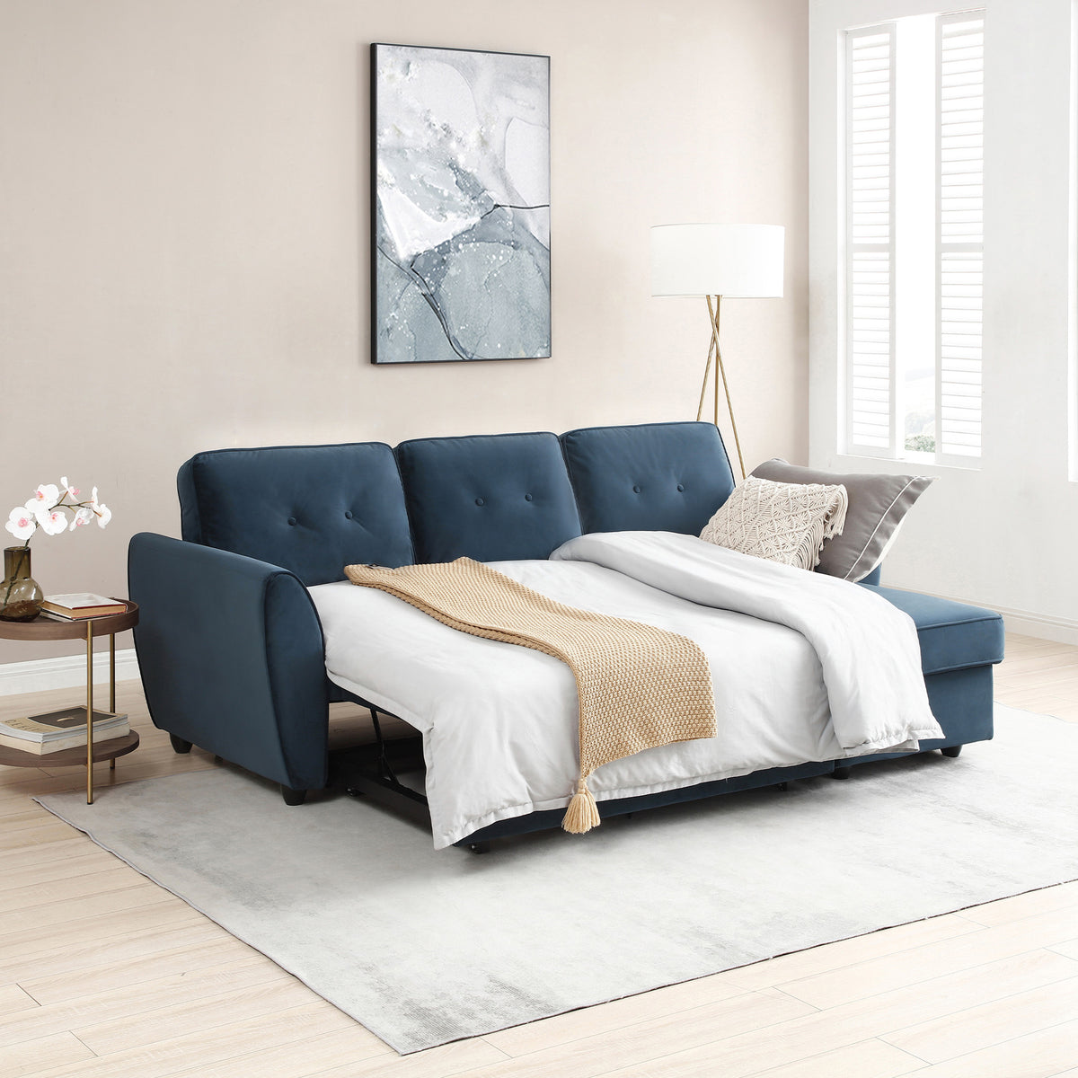 Willette Ink Blue Velvet Corner Sofa Bed