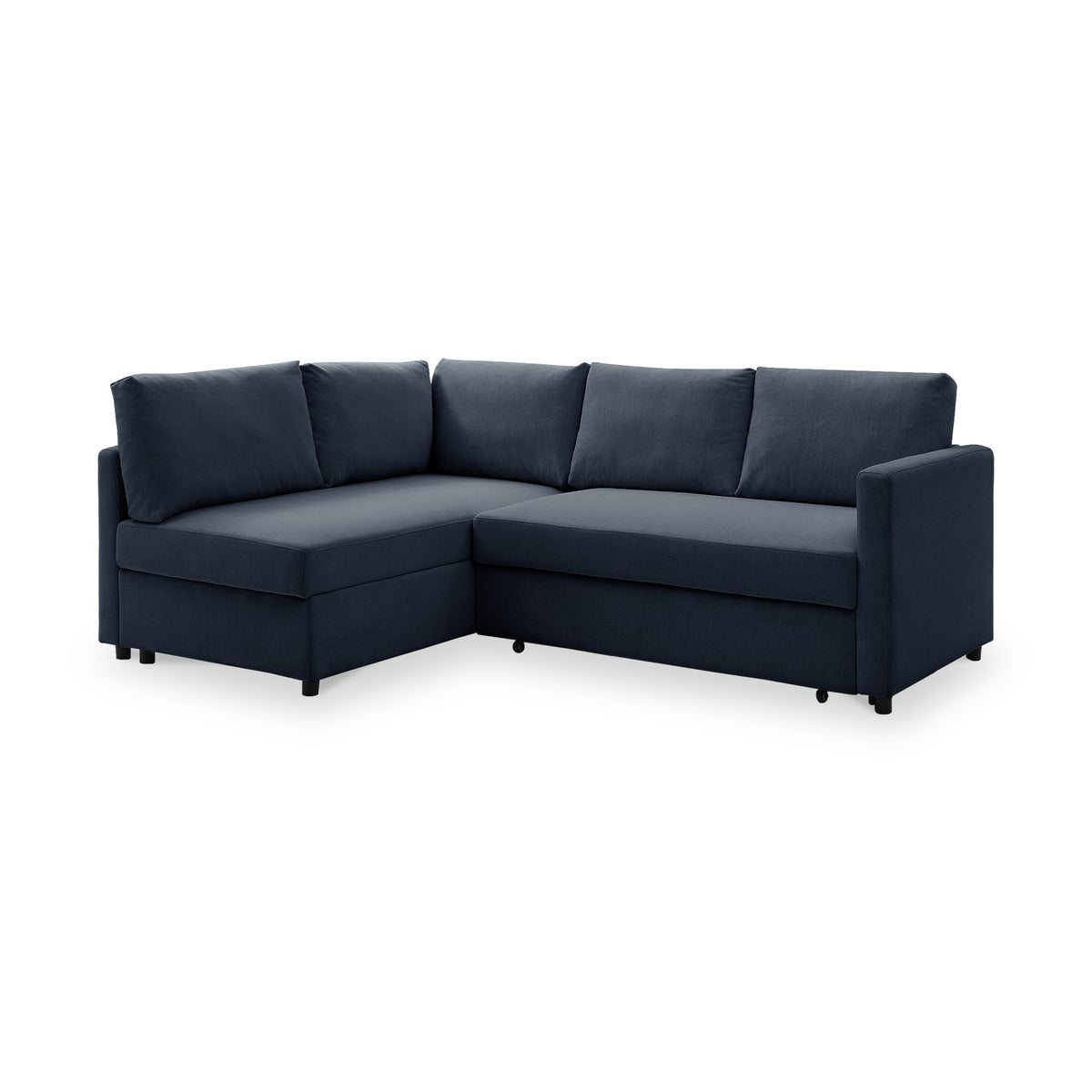 A dark blue, L-shaped sectional sofa with cushions, resting on small legs, set against a plain white background.