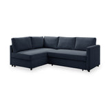 A dark blue, L-shaped sectional sofa with cushions, resting on small legs, set against a plain white background.