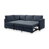 A dark blue, L-shaped sectional sofa with an extended chaise lounge, against a white background.