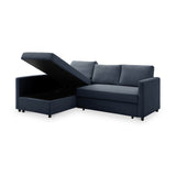 A dark blue sectional sofa with a raised chaise revealing internal storage, set against a white background.