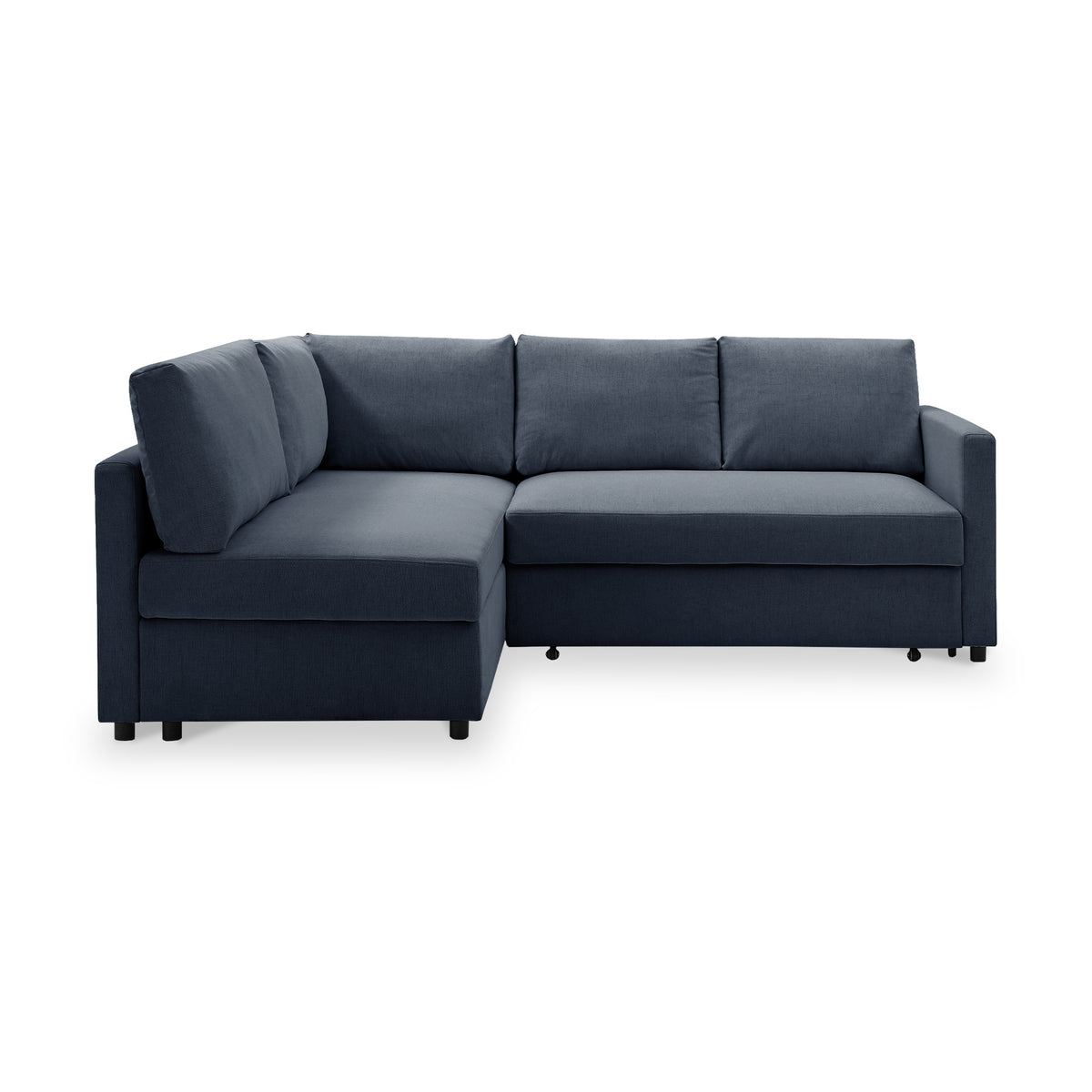 A dark blue L-shaped sectional sofa with three visible cushions, against a white background.