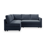 A dark blue L-shaped sectional sofa with three visible cushions, against a white background.
