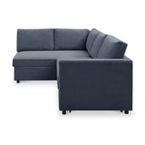 A dark blue sectional sofa with a chaise lounge on the left, featuring plush back cushions, stands isolated against a white background.