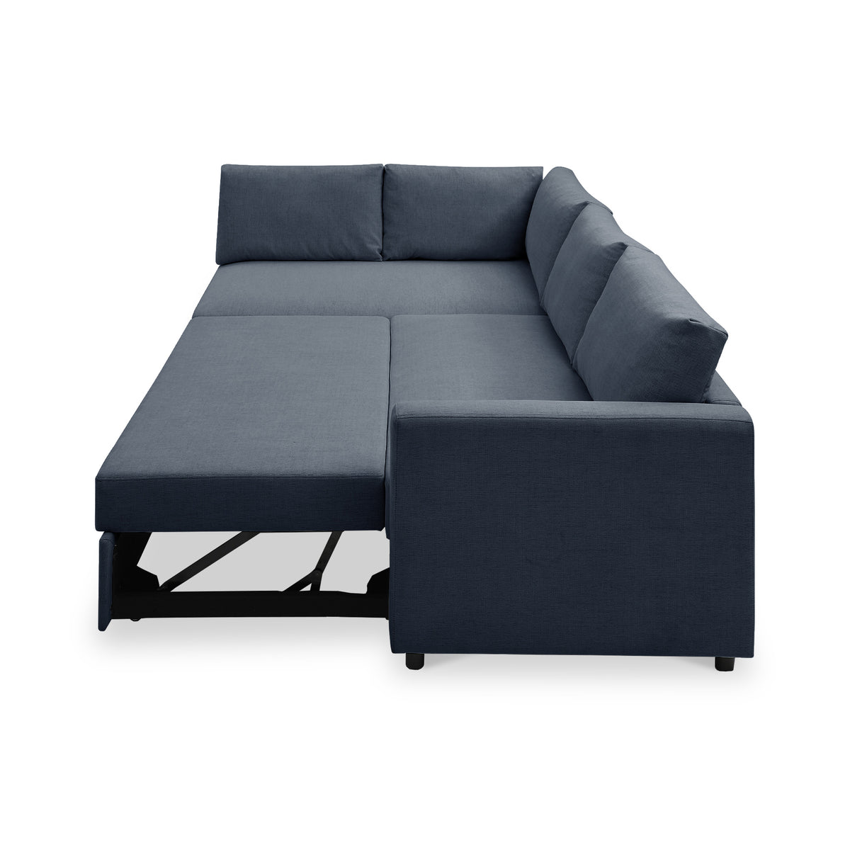 A dark blue sectional sofa with a pull-out bed, against a white background.