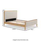 A wooden bed frame with a fabric upholstered headboard is displayed, dimensions noted: 110cm height, 204.5cm length, and 142cm width. Text: "Image for size information only."