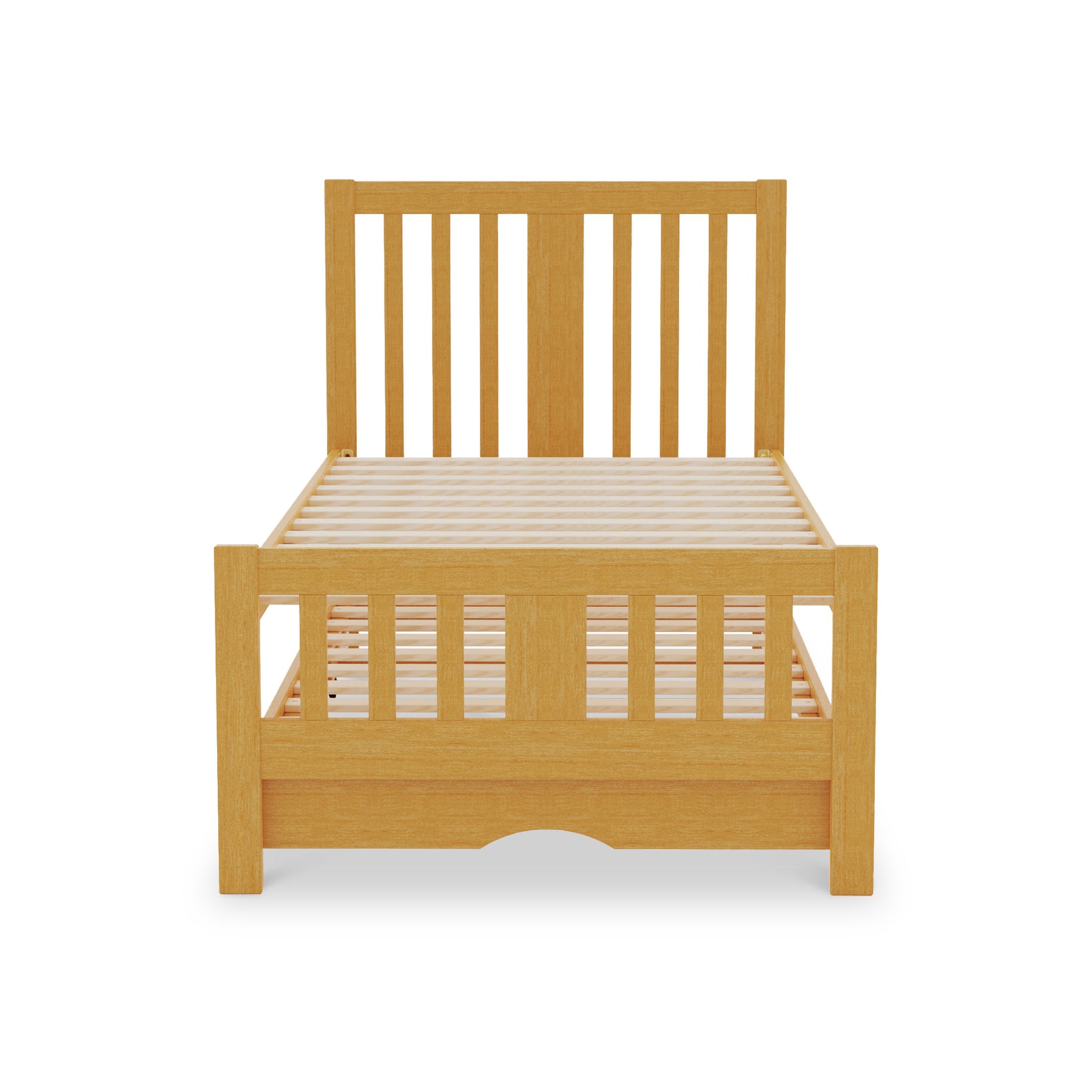A wooden twin bed frame with slats for a mattress support against a white background.