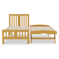 A wooden twin-size bed frame with a slatted headboard and footboard, positioned on a white background.