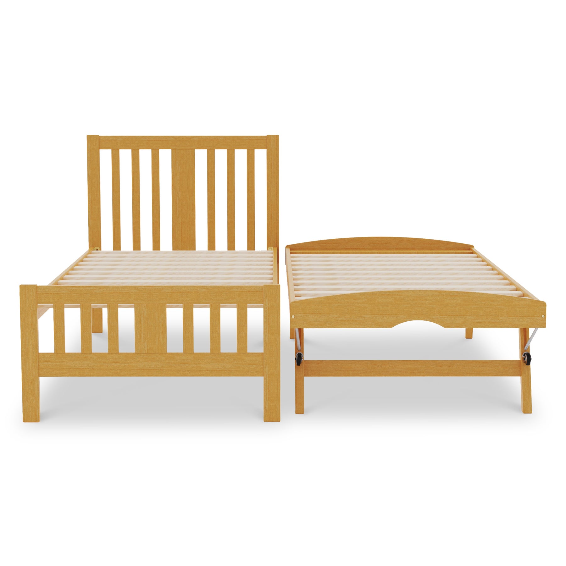 A wooden twin-size bed frame with a slatted headboard and footboard, positioned on a white background.