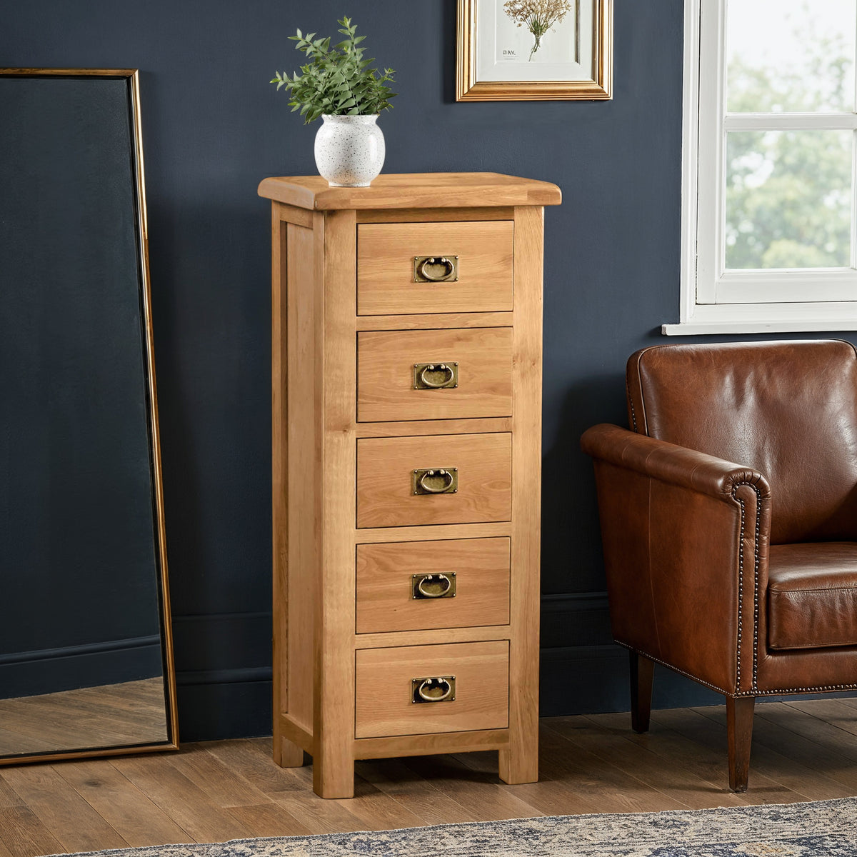 Zelah Oak 5 Drawer Tallboy Chest from Roseland Furniture
