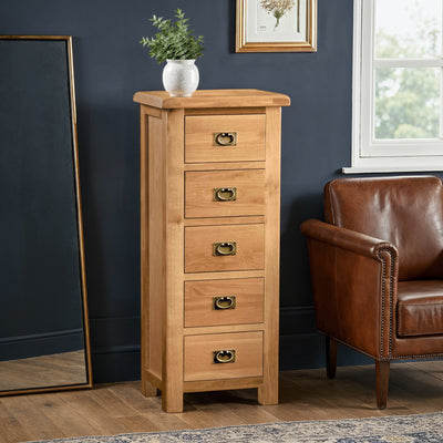 Zelah Oak 5 Drawer Tallboy Chest