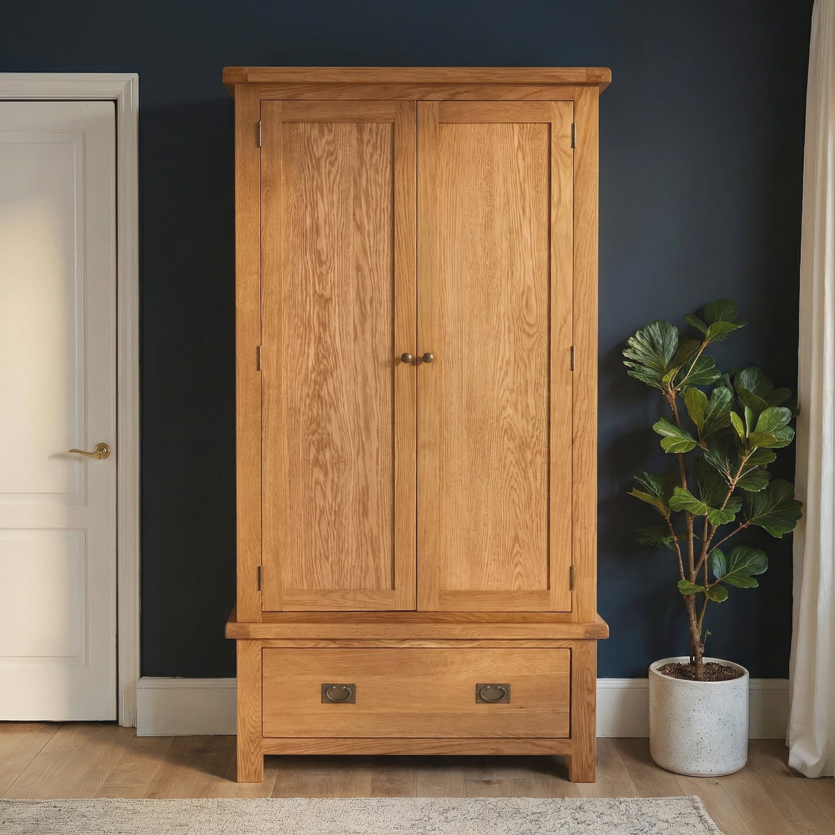 Zelah Oak Double Wardrobe with Drawer by Roseland Furniture