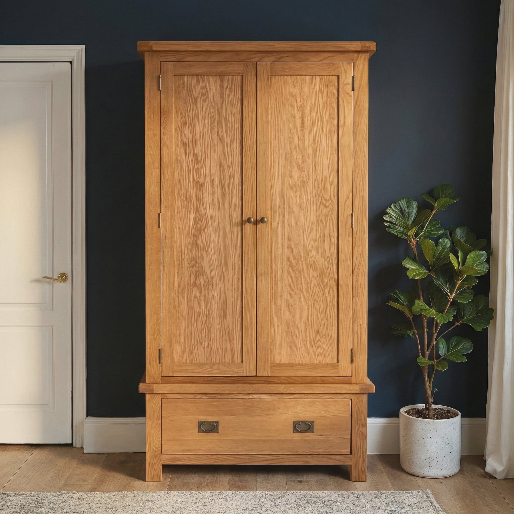 Zelah Oak Double Wardrobe with Drawer by Roseland Furniture