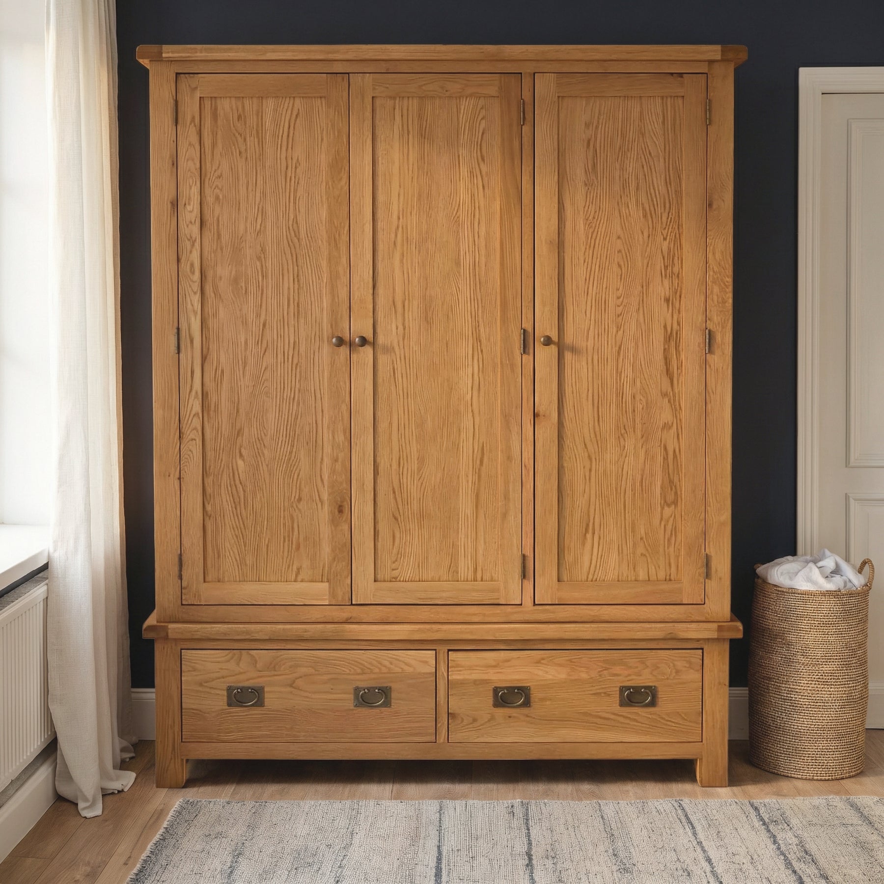 Zelah Oak Triple Wardrobe with Drawers By Roseland Furniture
