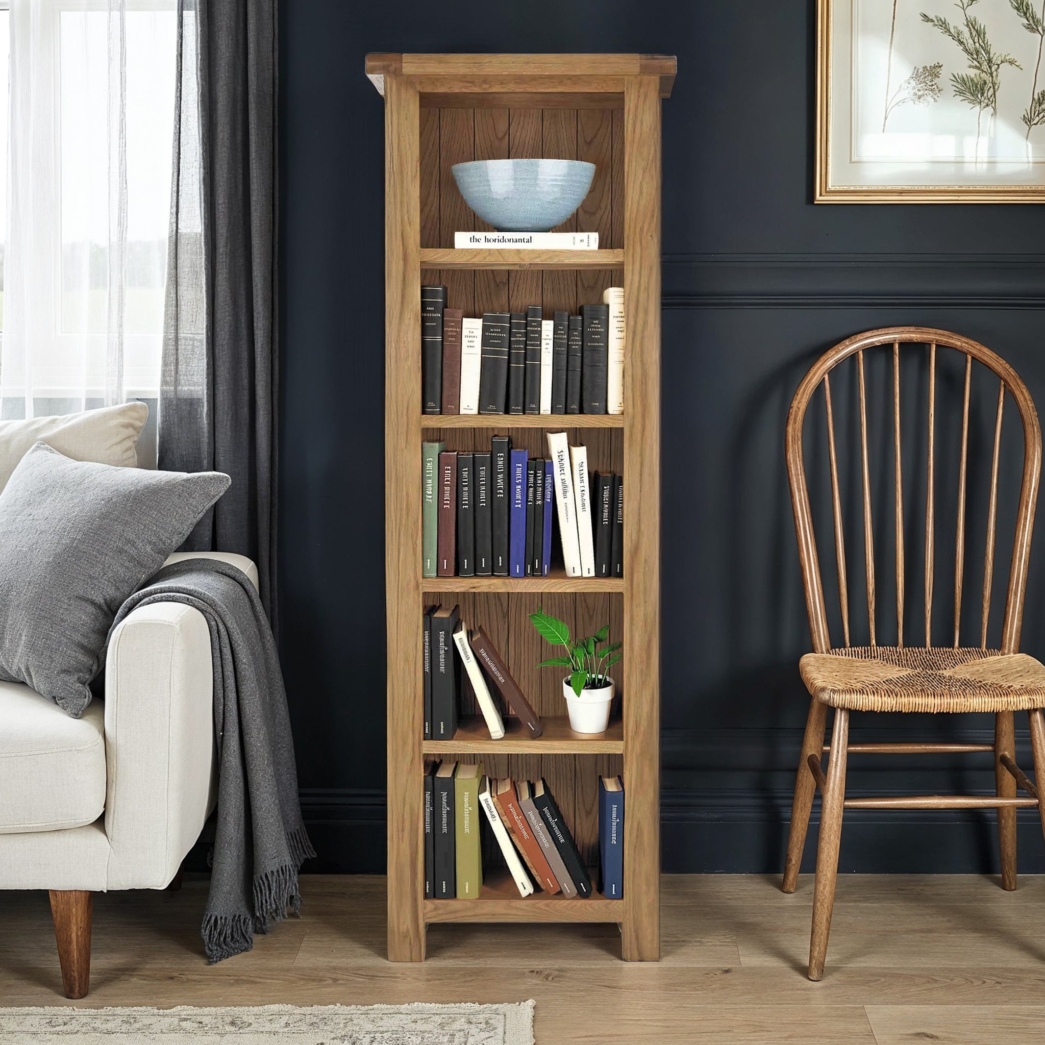 Zelah Oak Narrow Bookcase, 5 Shelves | Roseland