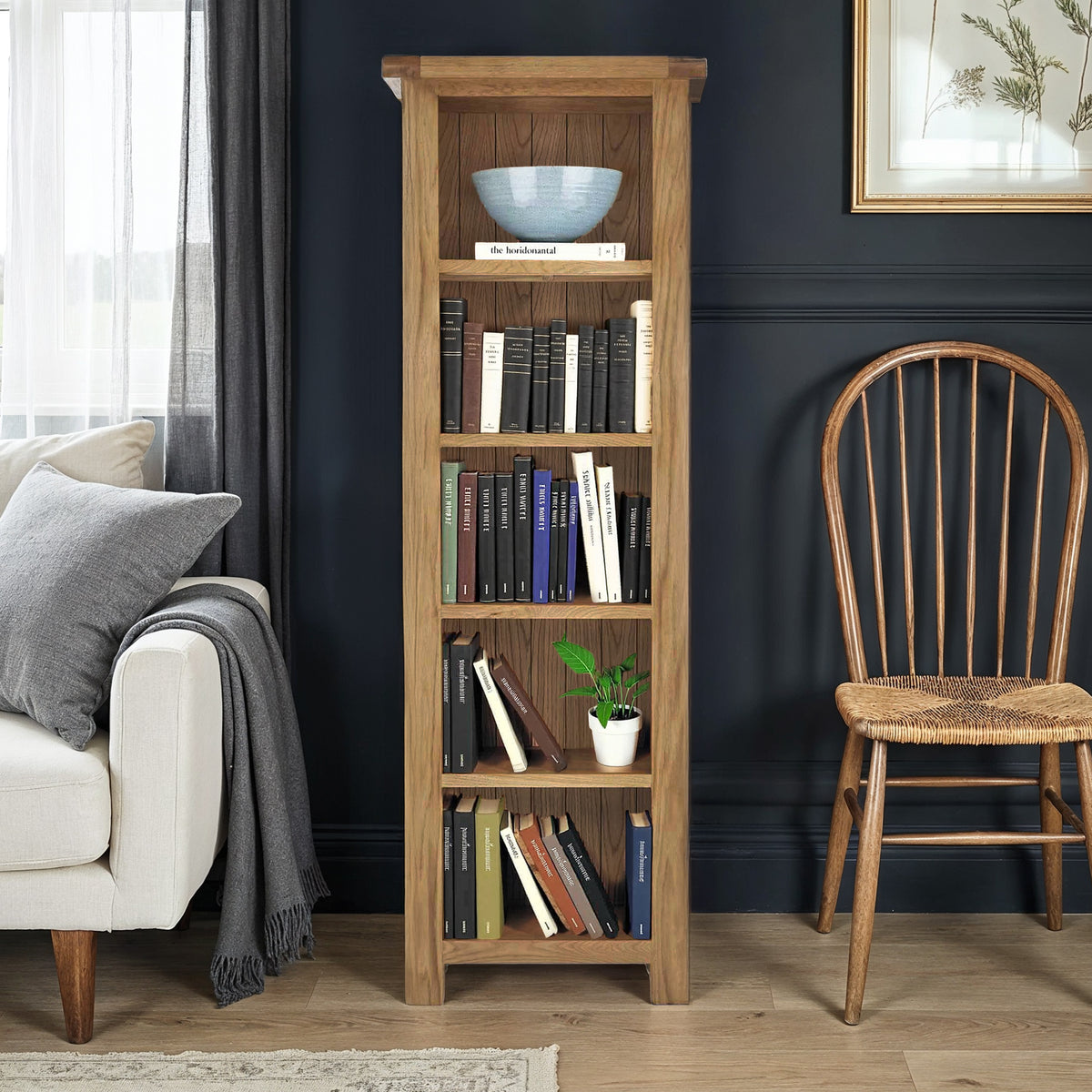 Zelah Oak Narrow Bookcase, Shelves Roseland