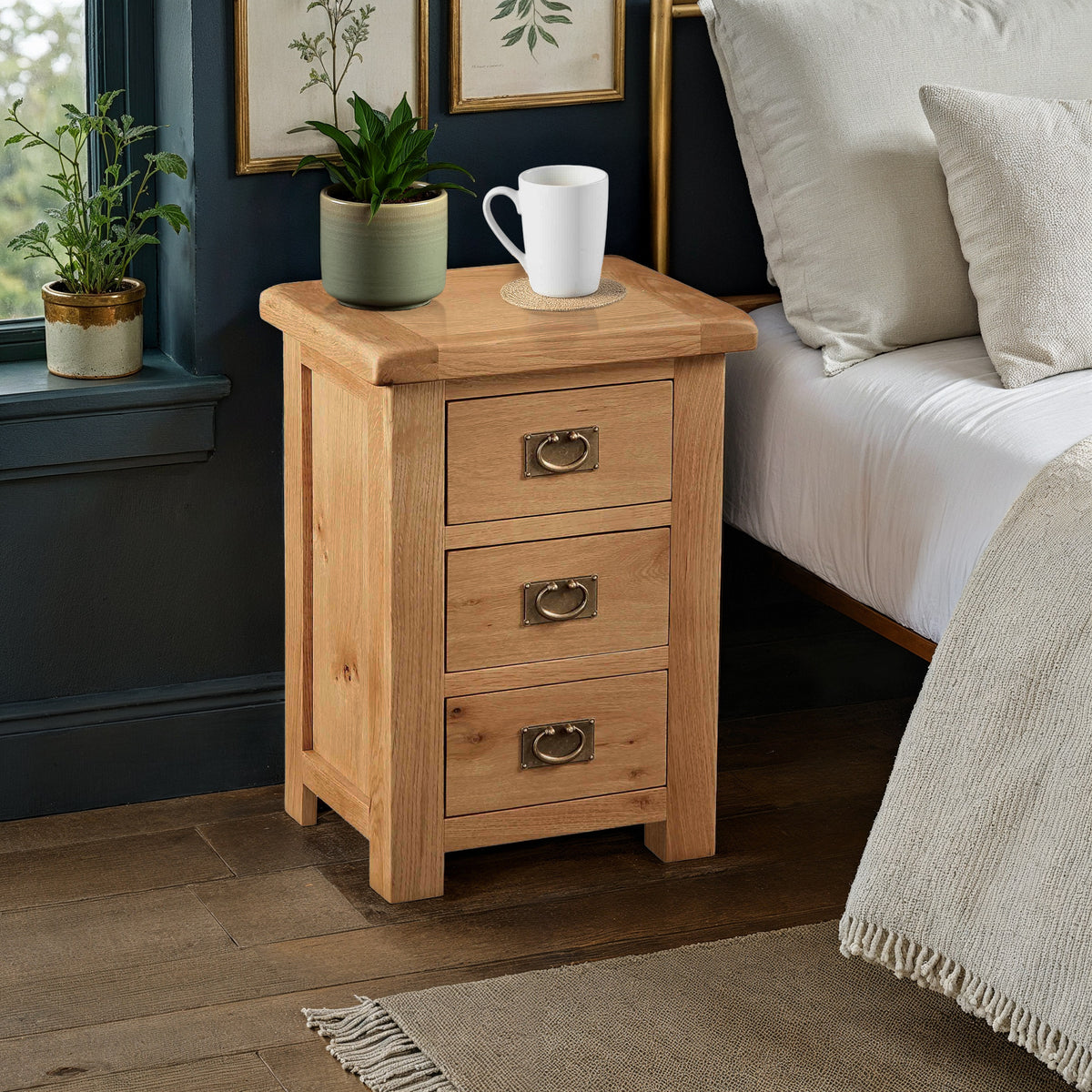 Zelah Oak Wide Bedside Table by Roseland Furniture