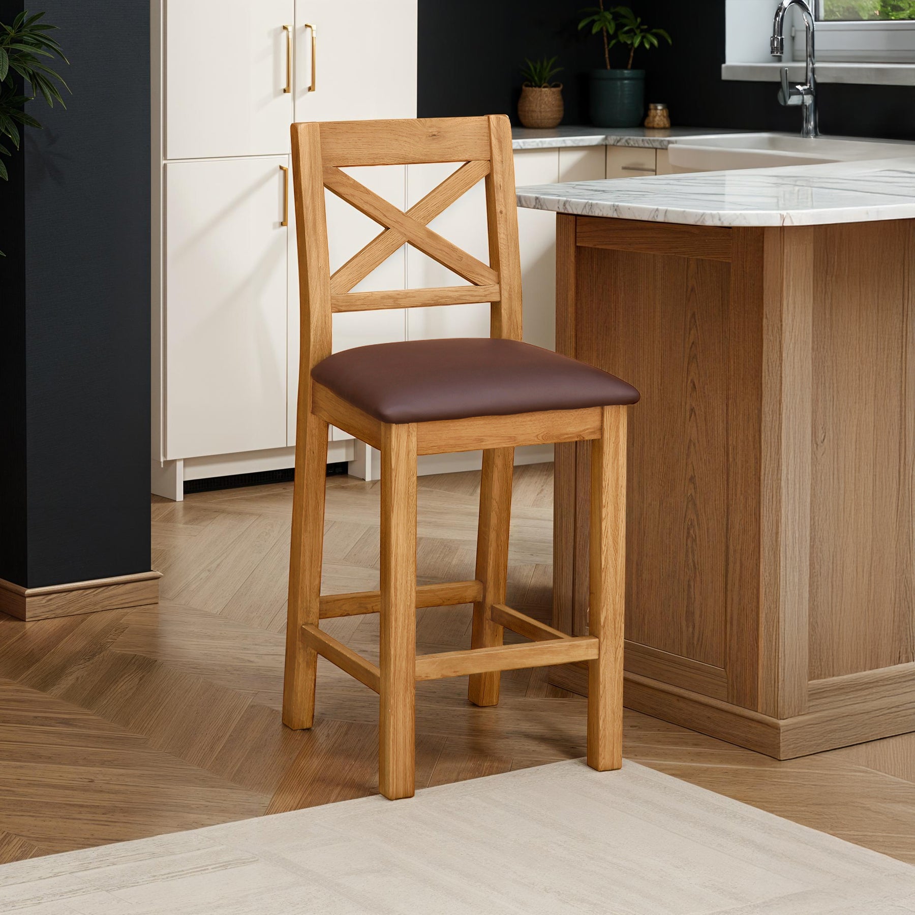Zelah Oak Cross Back Bar Stool with black seat from Roseland Furniture