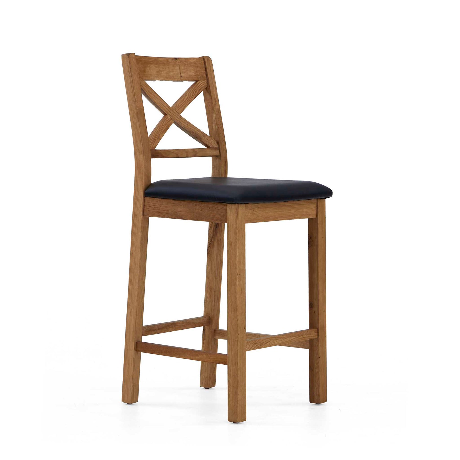 Zelah Oak Cross Back Bar Stool with black seat from Roseland Furniture