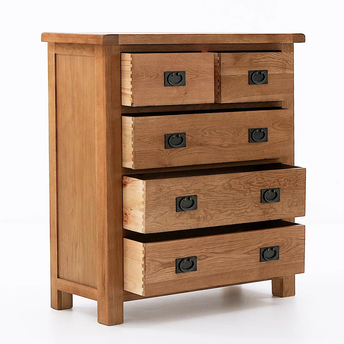 Zelah Oak 2 over 3 Drawer Chest - at an angle with drawers open