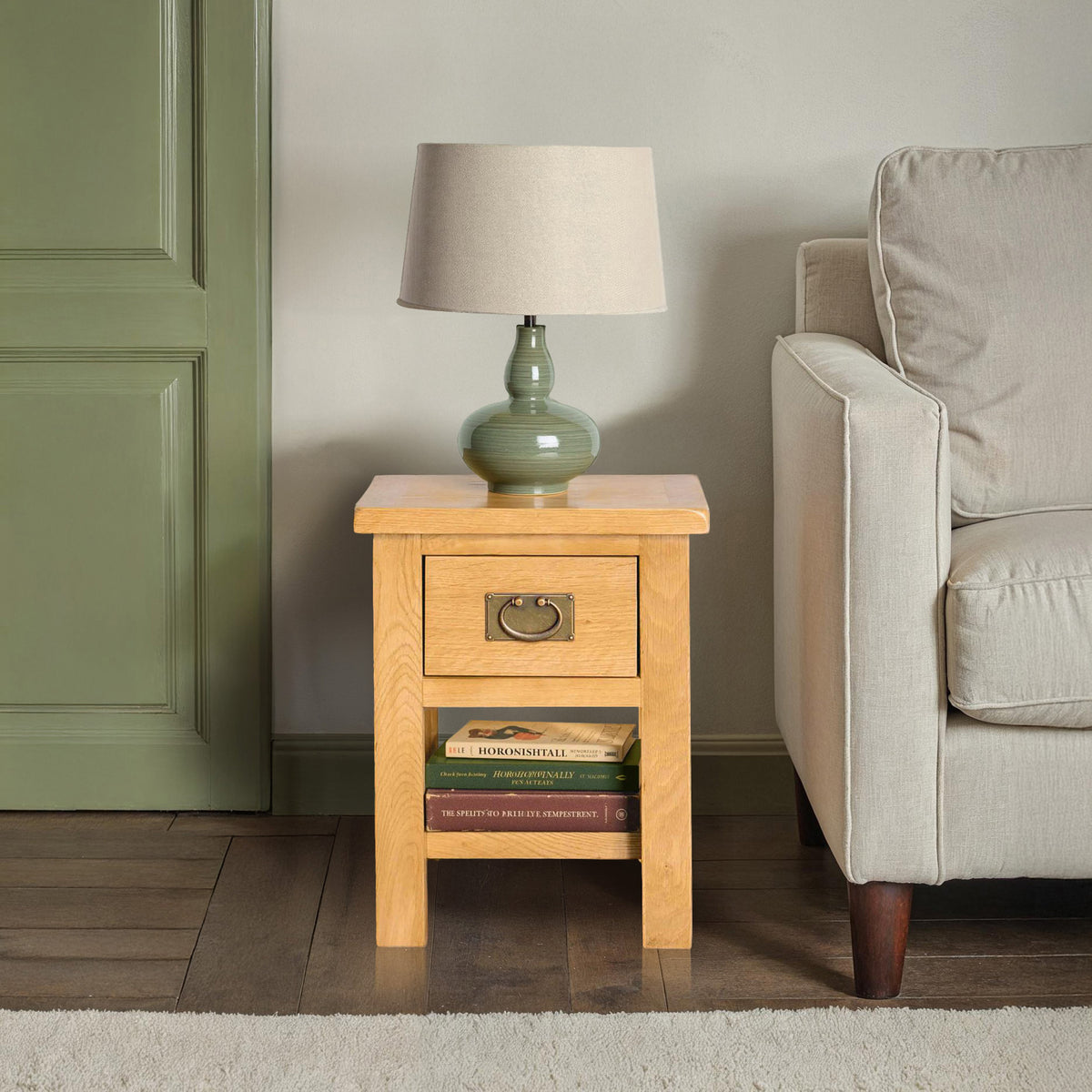 Surrey Oak Lamp Table in a living room from Roseland Furniture