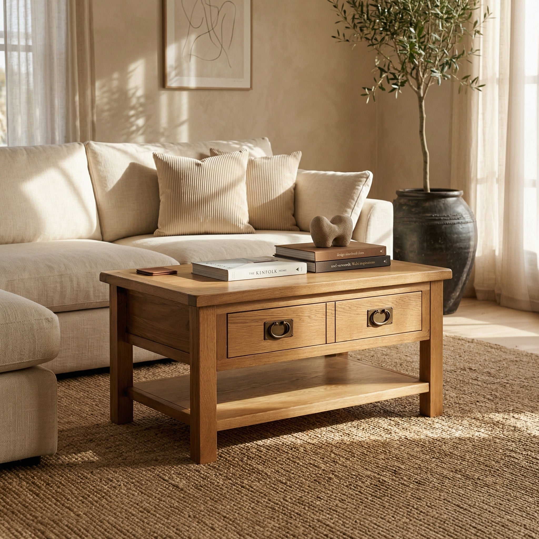 Surrey Oak Coffee Table with Drawer, Solid Wood | Rustic Waxed Oak