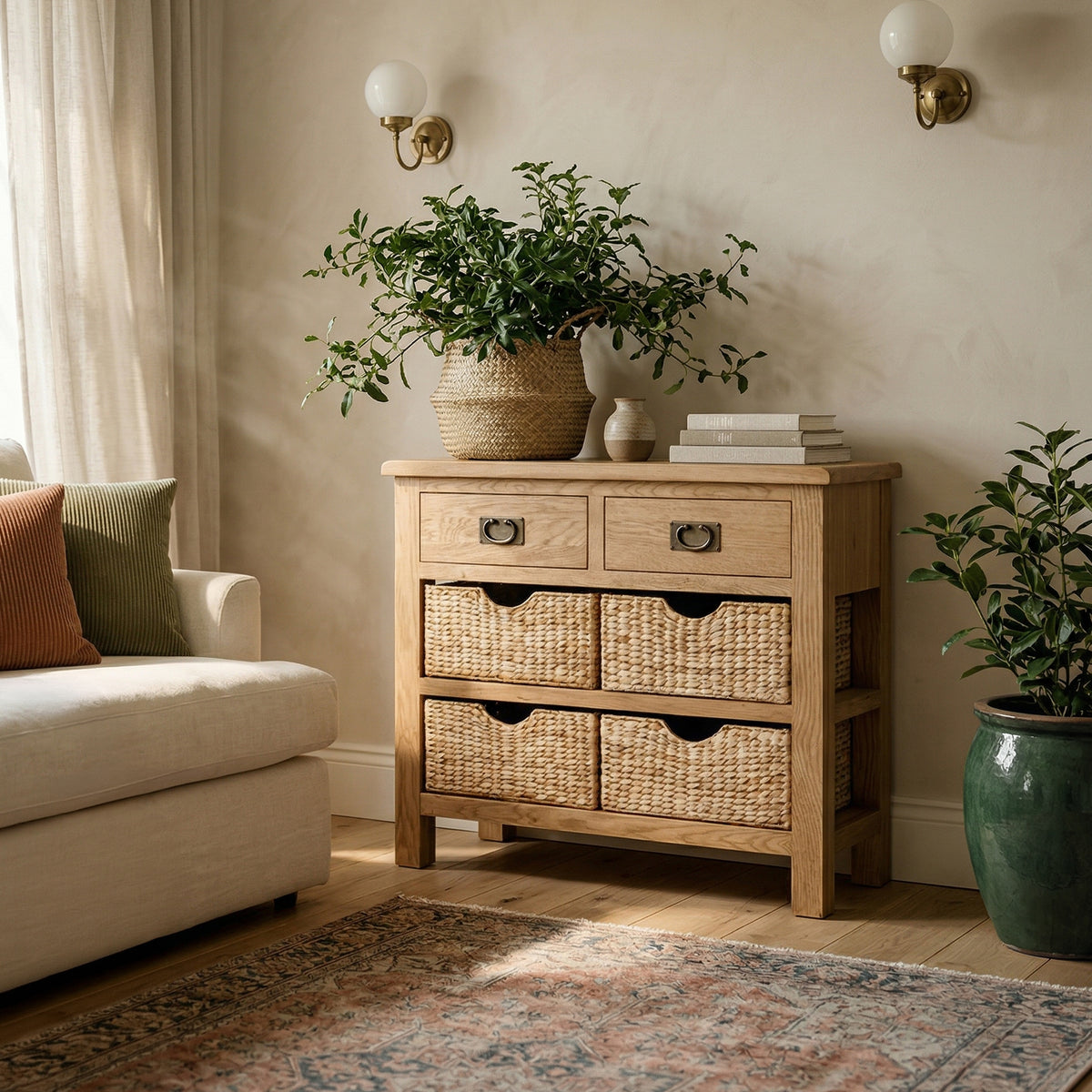 Surrey Oak Console Table with Baskets from Roseland Furniture