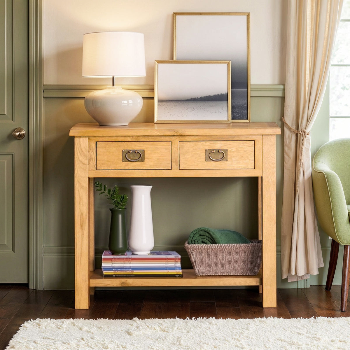Surrey Oak Console Table against wall from Roseland Furniture