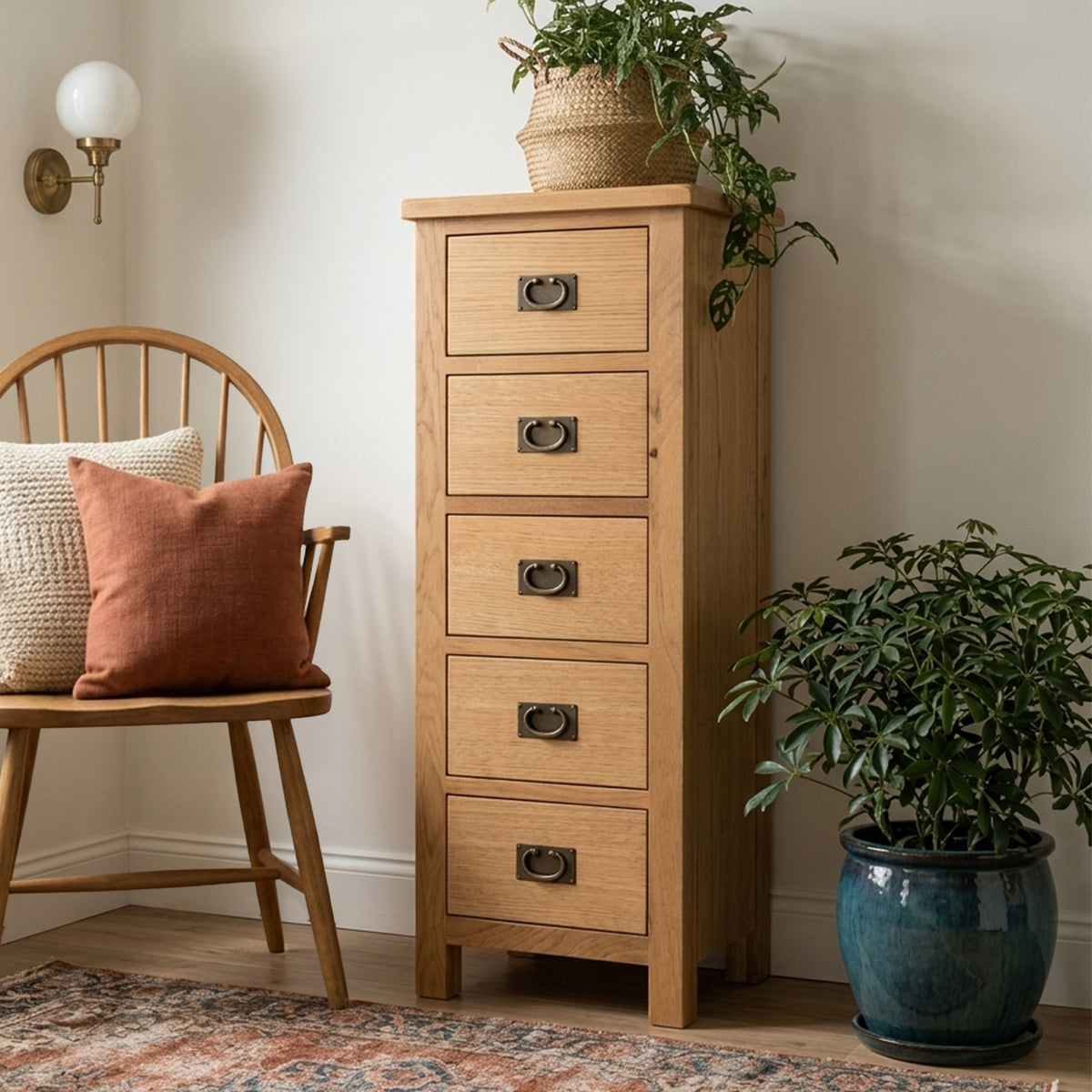 Surrey Oak 5 drawer tallboy chest of 5 drawers by Roseland Furniture